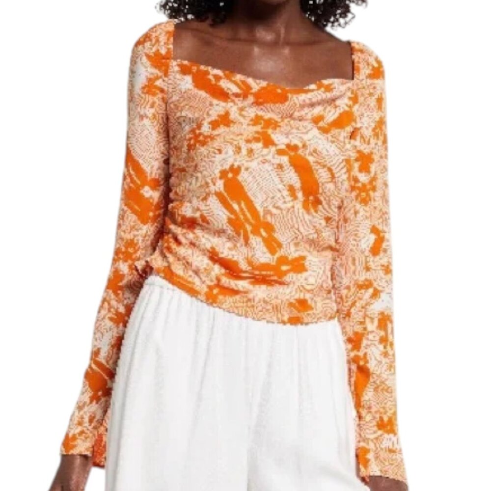 NORDSTROM OPEN EDIT Orange Floral‎ Off Shoulder Smocked Square Neck Top Small